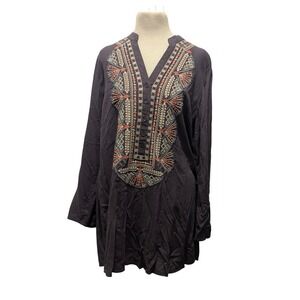 Solitaire Embroidered Tunic Women Medium Black Boho Henley Long Sleeve Blouse
